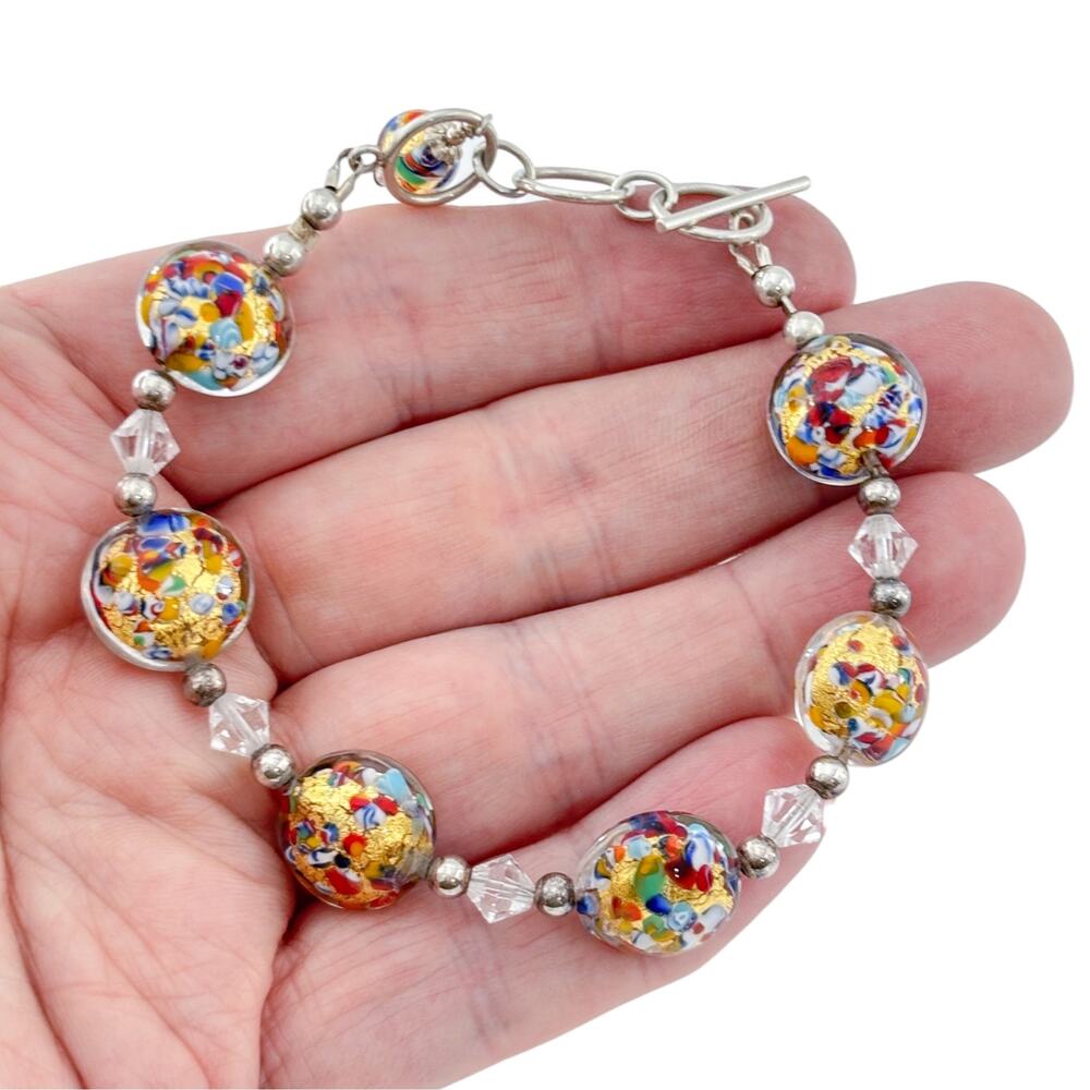 Vintage Sterling Silver 925 Murano Glass Bead Bracelet 7.5-8.5"